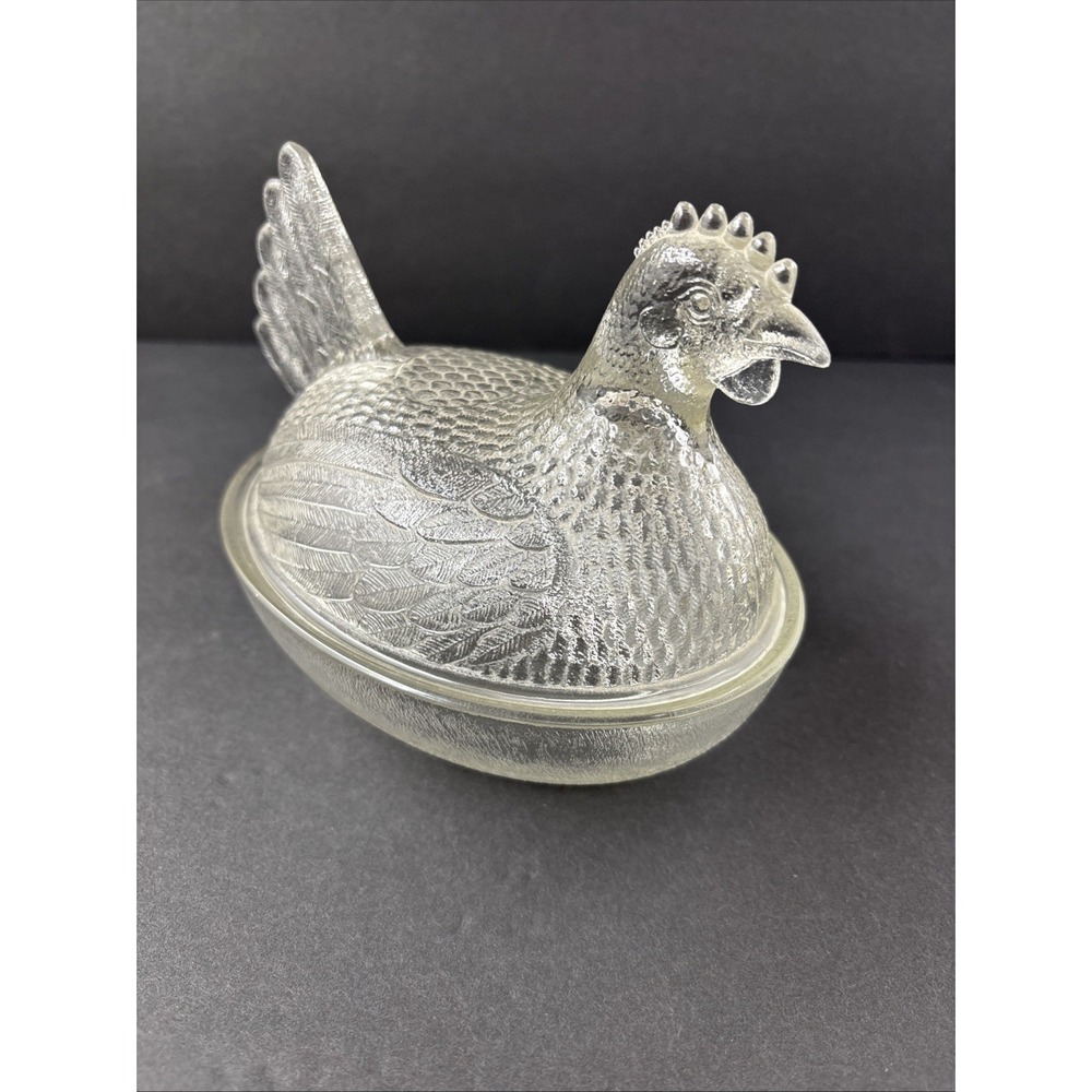 VTG Indiana Glass Clear Hen On Nest Chicken Candy Trinket Covered Dish Farmhouse - Picture 5 of 16
